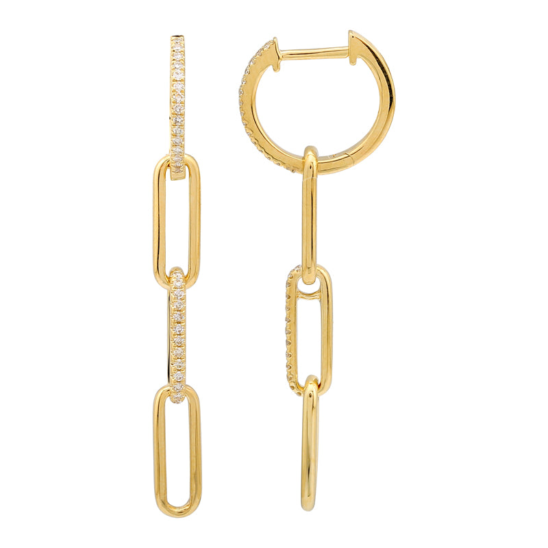 14K Gold Diamond Triple Link Paperclip Drop Huggie Earrings