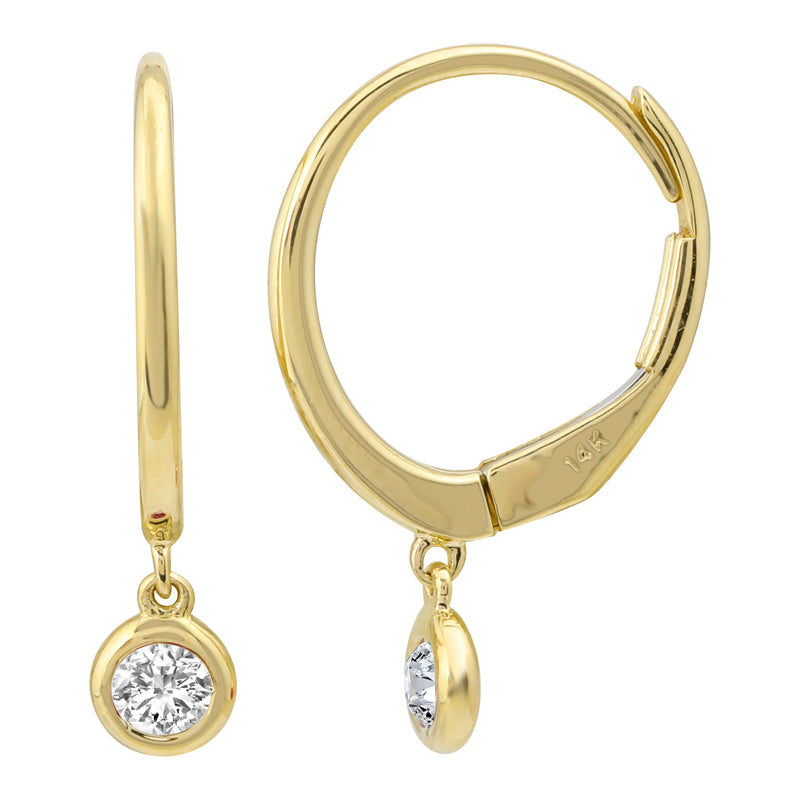 14k Gold Bezel Diamond Drop Leverback Earrings