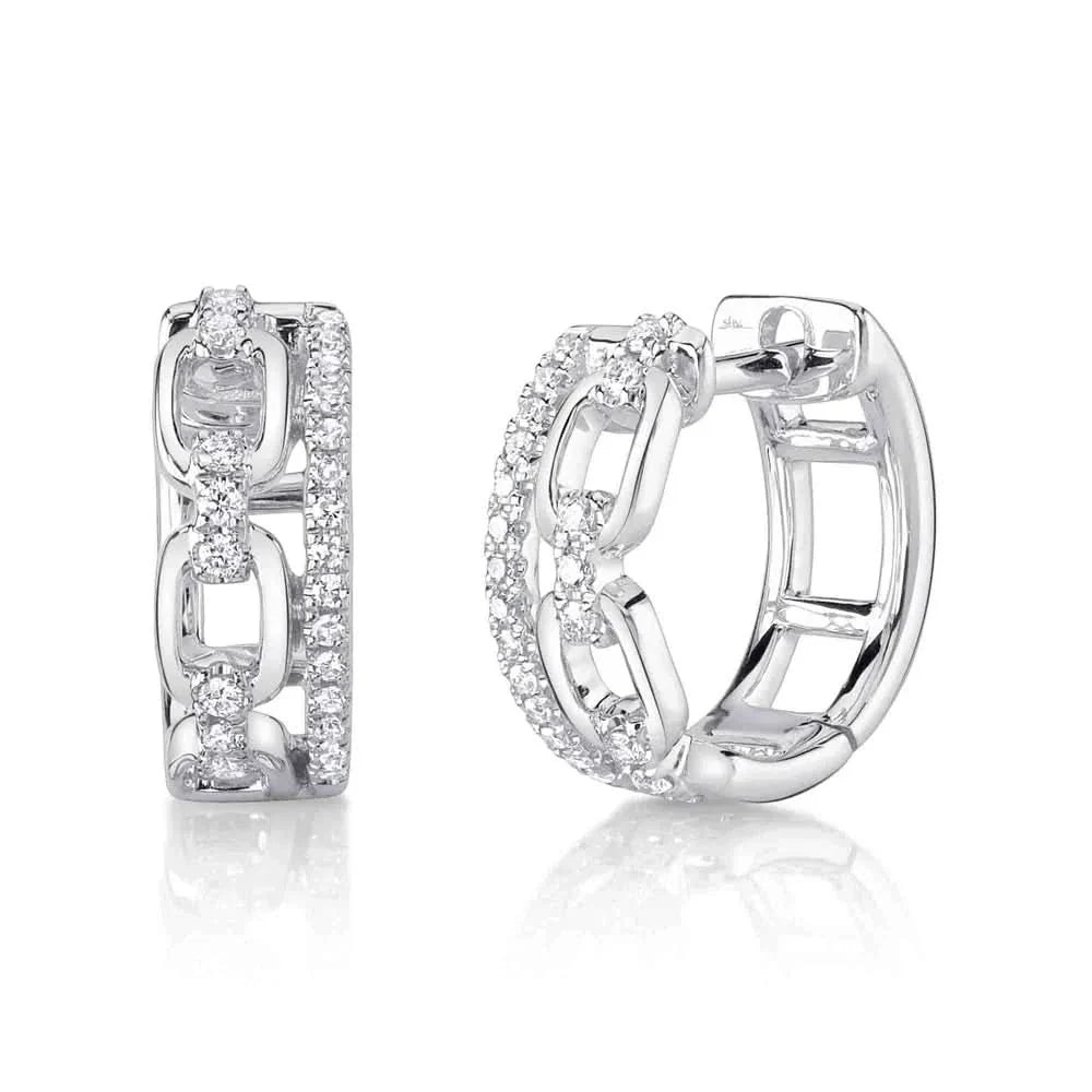 14K Diamond Link Huggies With Single Diamond Row Edge Earrings