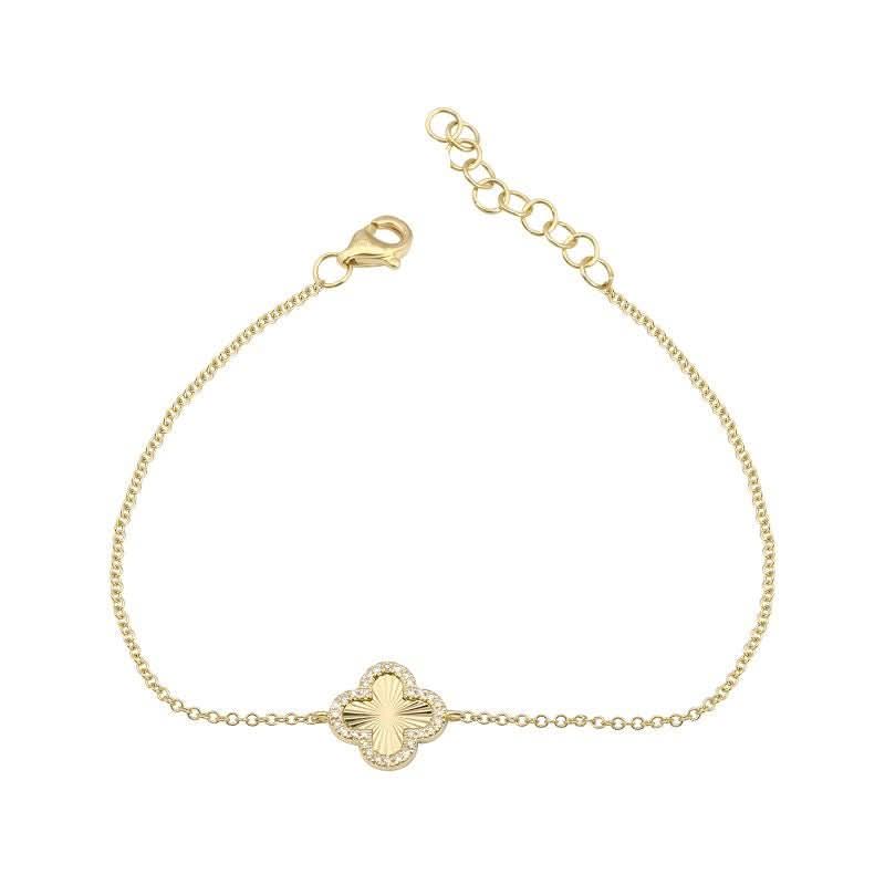 14K Fluted Clover With Diamond Outline Bracelet