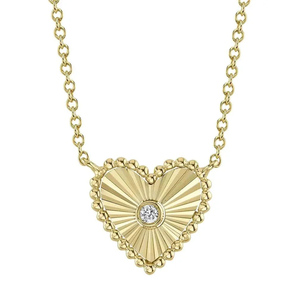 14K Fluted Heart With Beaded Outline & Center Diamond Necklace - Susan Blake Jewelry