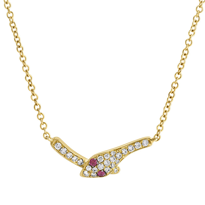 14k Gold Diamond and Ruby Kissing Snake Necklace