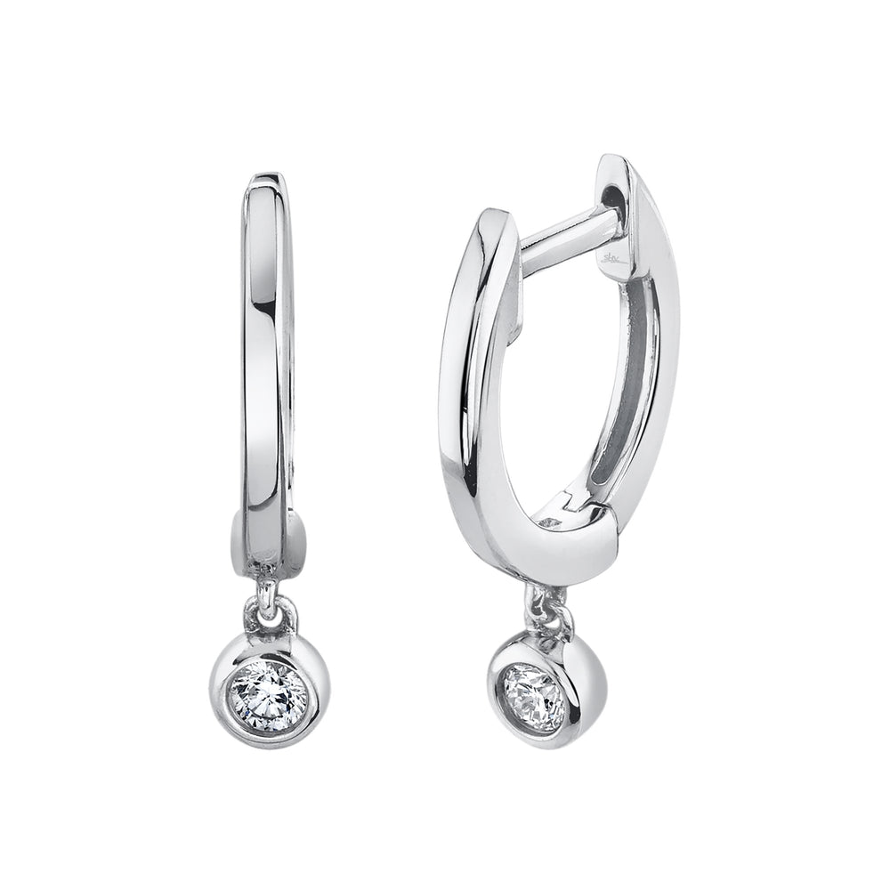 14K White Gold Diamond Bezel Drop Huggie Earrings