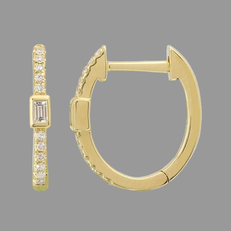 14K Yellow Gold Baguette & Round Diamond Pave Huggie Earrings 13mm