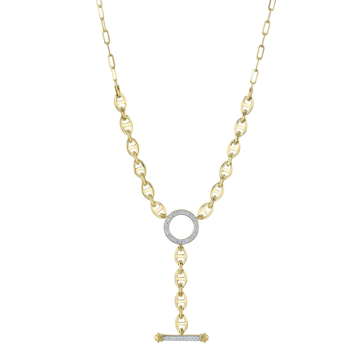 14K Yellow Gold Diamond Circle Link Lariat Necklace