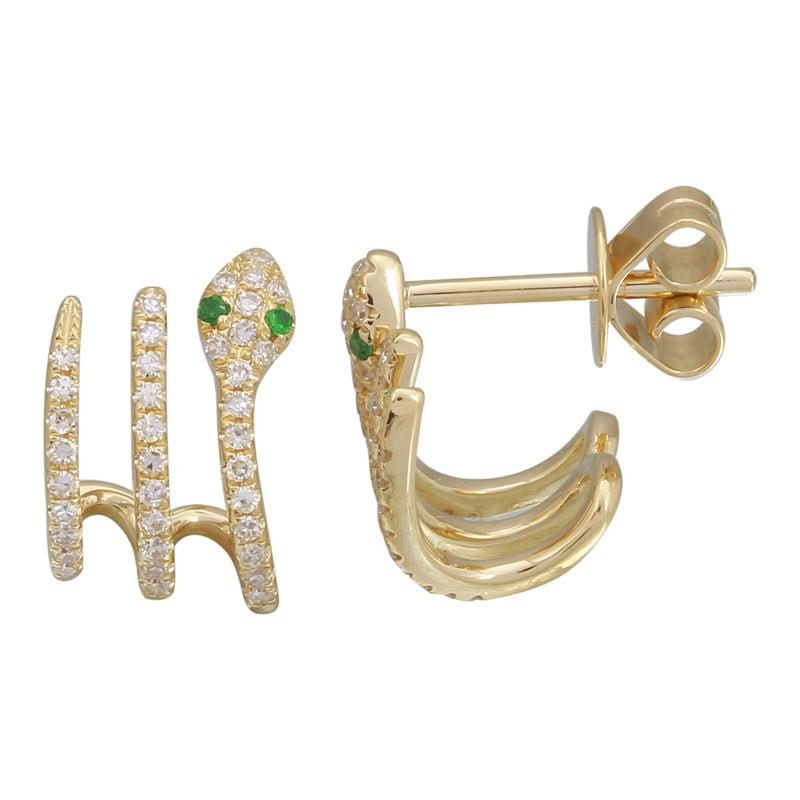 14k Yellow Gold Diamond Snake Caged Stud Earrings / Tsavorite Eye - Susan Blake Jewelry