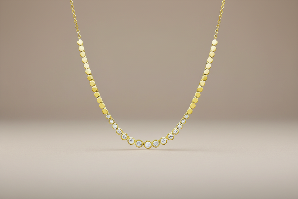 14K Yellow Gold Graduated Bezel Diamond W Gold Disc Chain Necklace, alternate view 2
