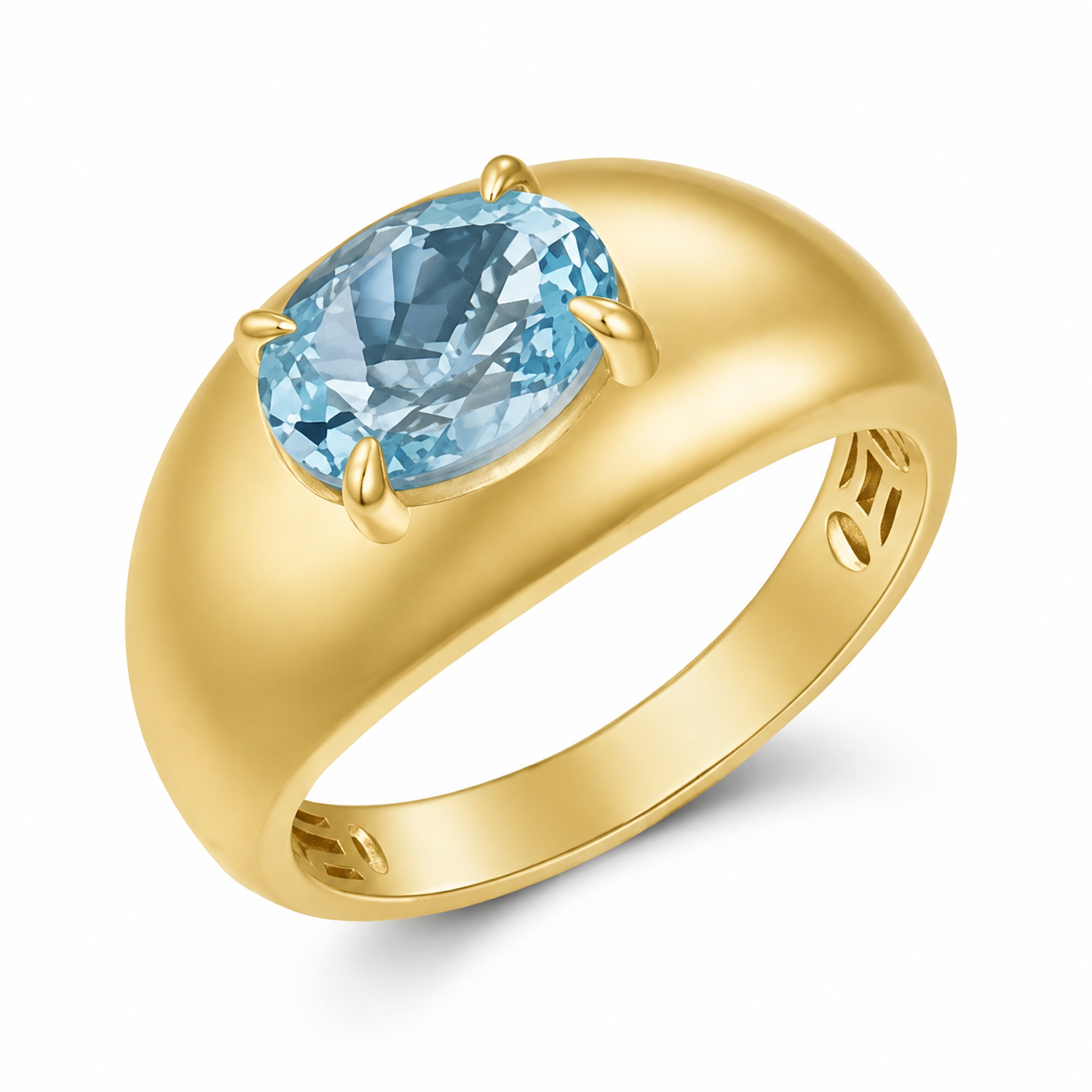 14K yellow gold oval pale blue gemstone dome ring