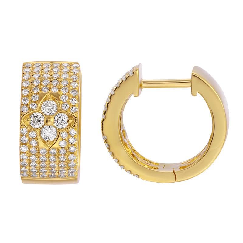 14K Yellow Gold Pave Diamond Clover Wide Huggies 13MM - Susan Blake Jewelry