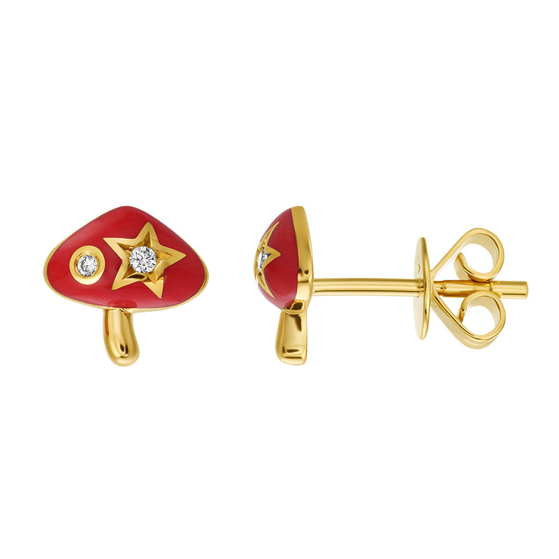 14K Yellow Gold Enamel Mushroom Diamond Stud Earrings