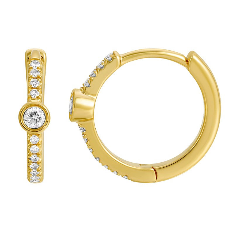14k Yellow Gold Bezel & Pave Diamond Huggie Earrings (11 mm)