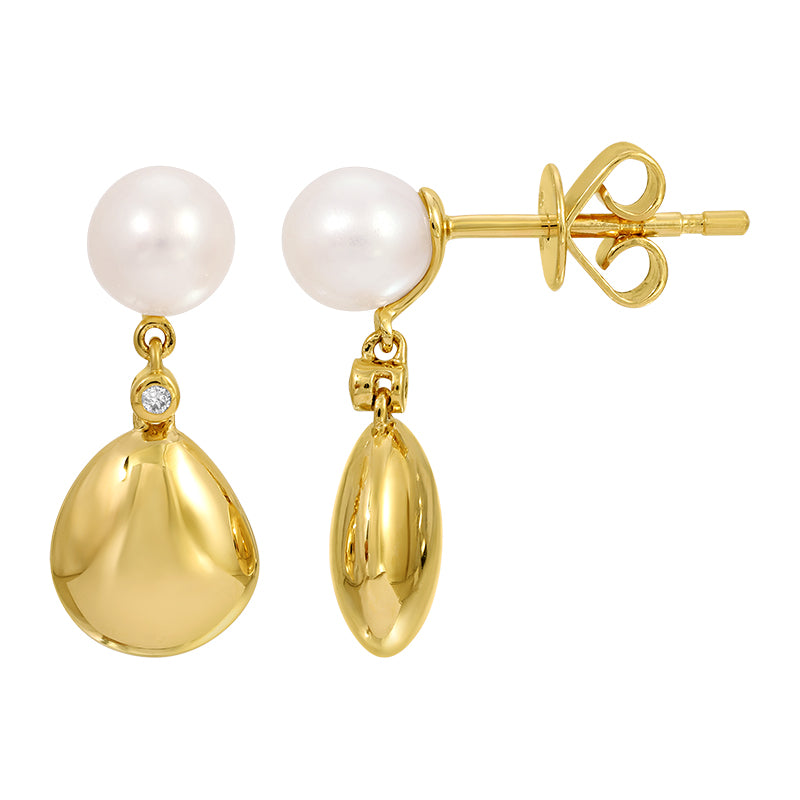 14k Yellow Gold Pearl and Diamond Mini Drop Stud Earrings