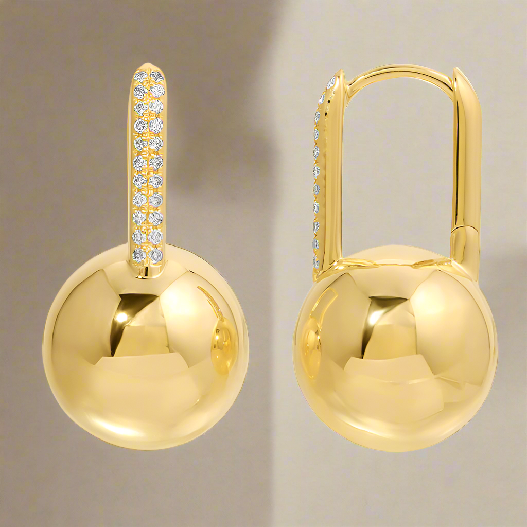 14K gold puffed ball drop huggie earrings with diamond detail by Susan Blake Jewelry