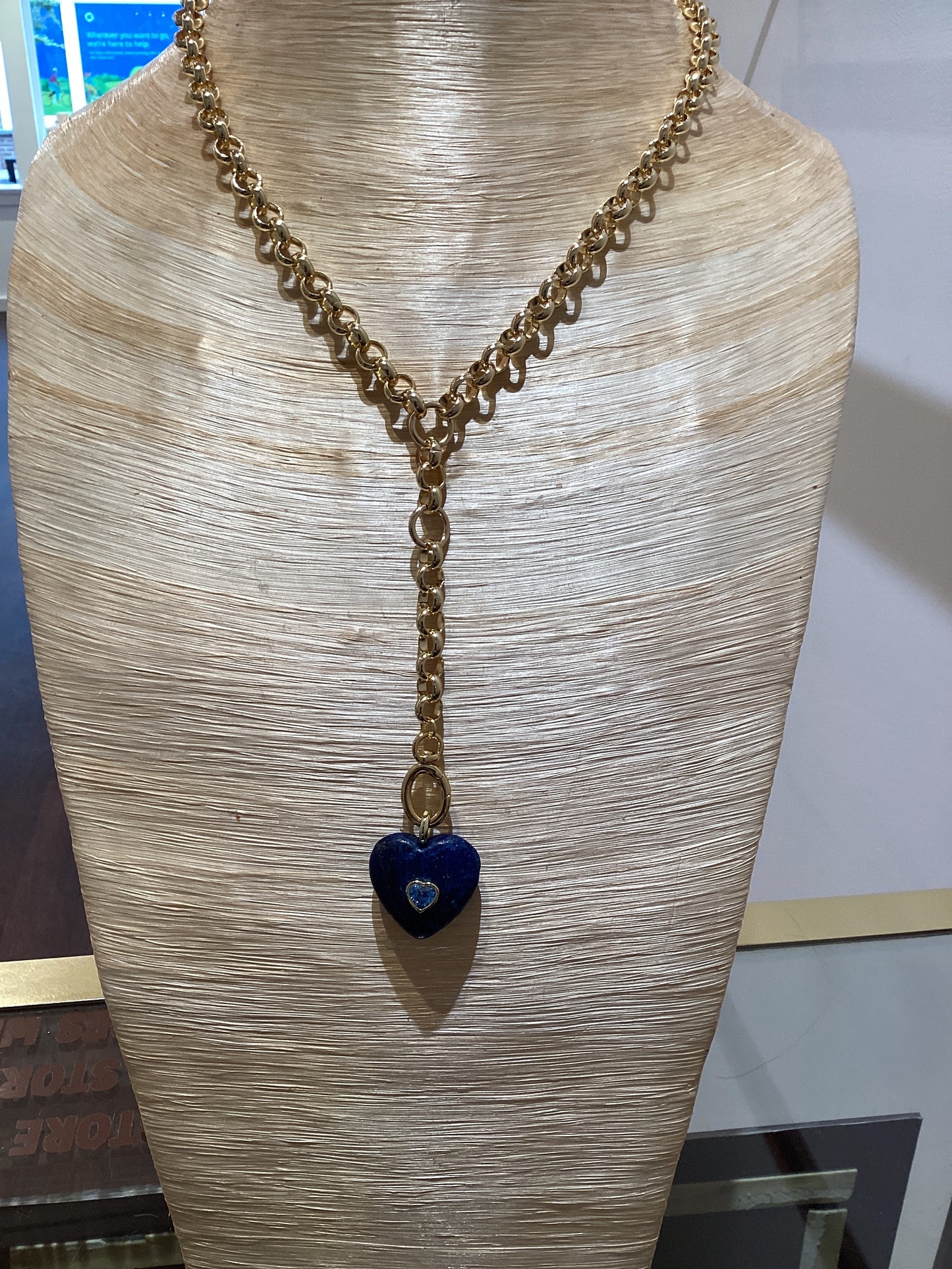 Y Rolo Necklace With Blue Stone Heart
