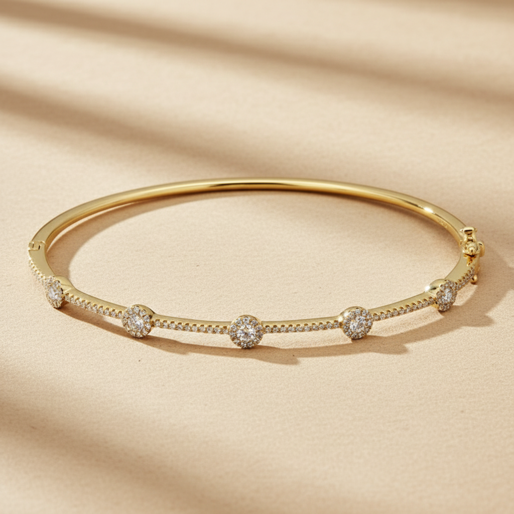 14k Yellow Gold Halo Distance Diamond Bangle