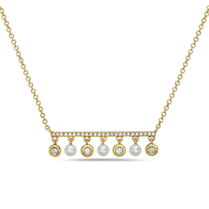 14k Yellow Gold necklace with 29 round diamonds .15ct; 3 freshwater pearls .11ct