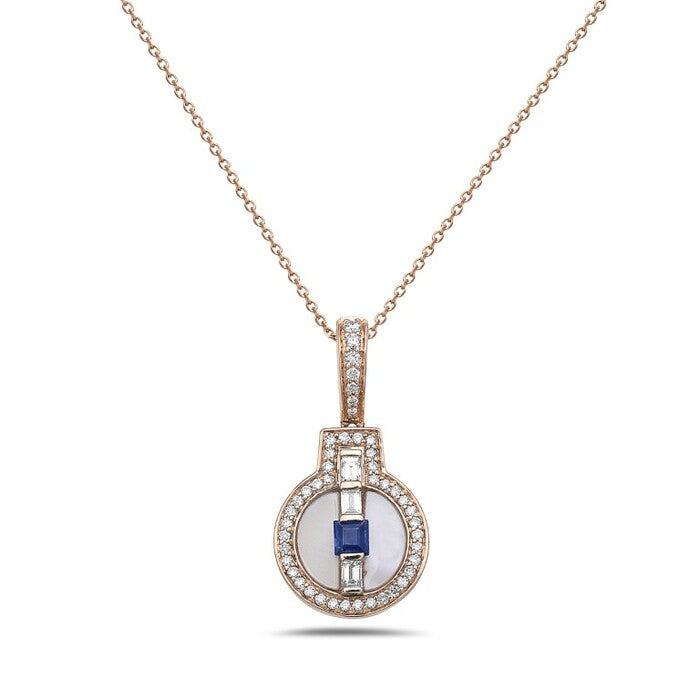 14k Rose Gold pendant with 48 diamonds .29ct; 2 mother of pearl .65ct; 1 sapphire .19ct