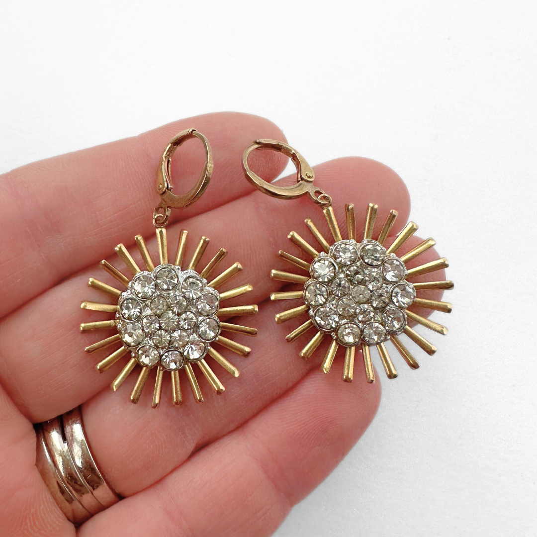Brass sunburst earrings with clear vintage rhinestone centers, alternate view 2