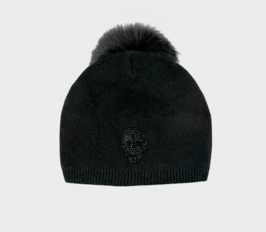 Crystal Skull knitted Hat With Fox Pom Pom, (Slouch Fit). - Susan Blake Jewelry