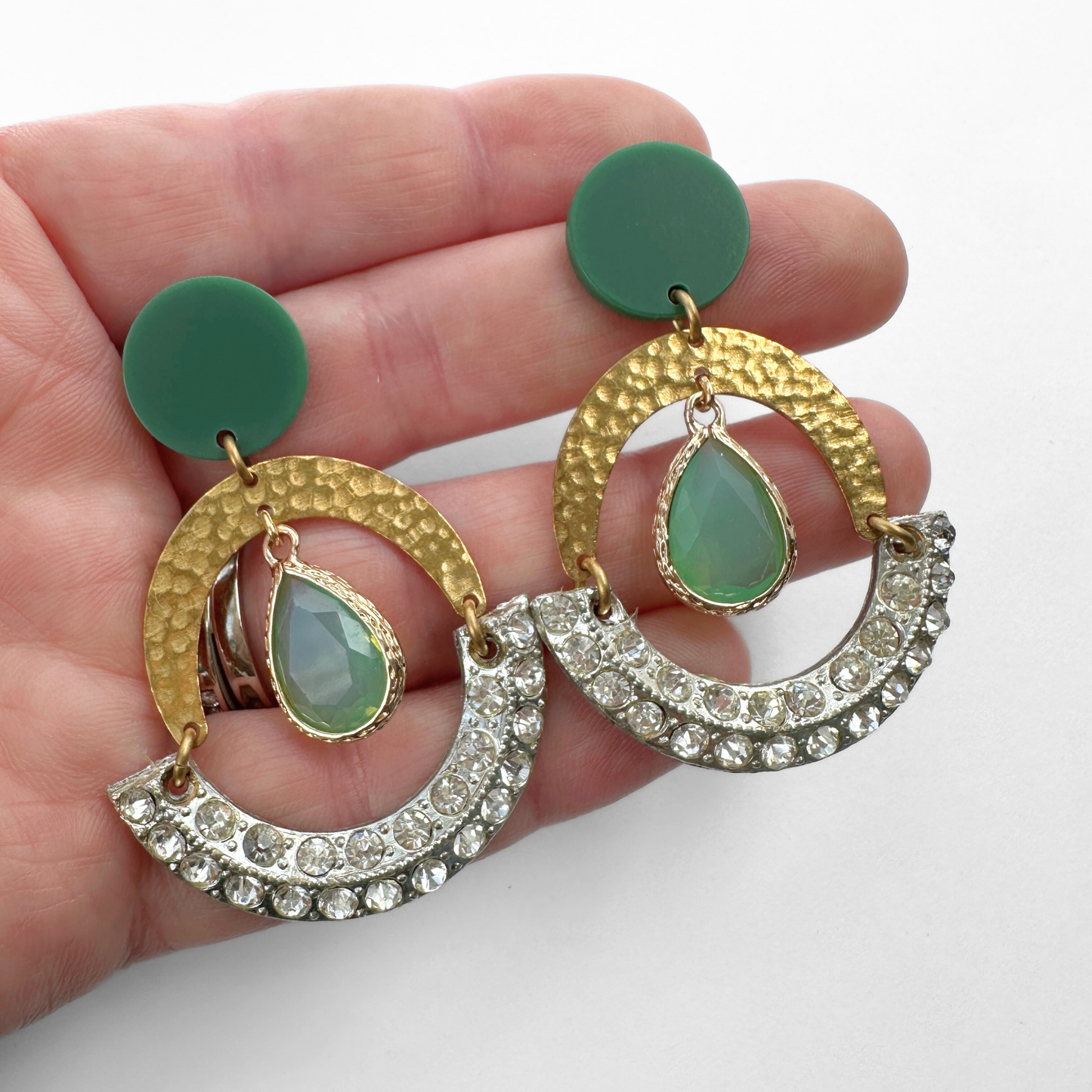 Large Refashioned sea green and clear rhinestone brass arc earrings, alternate view 2