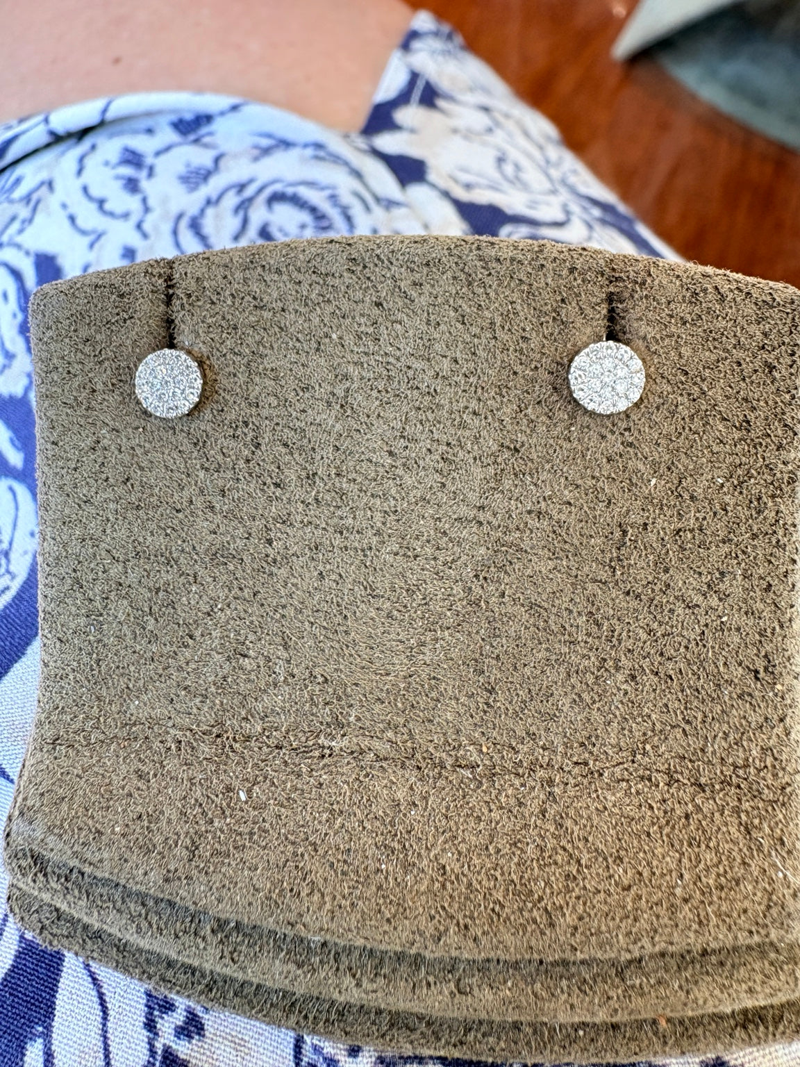 Small 14k white gold pavé diamond disc stud earrings