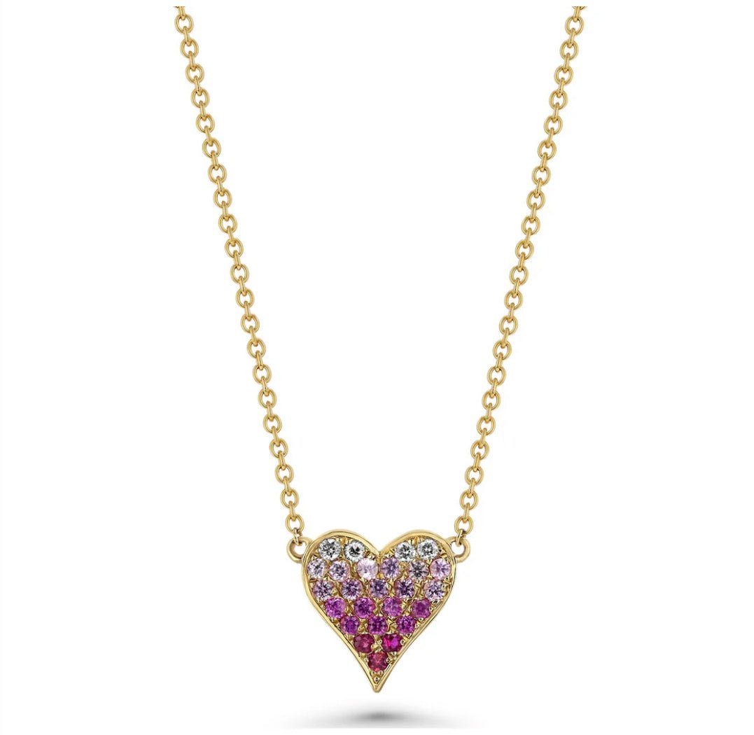 Ombre Pink Sapphire Pave Diamond Heart Necklace