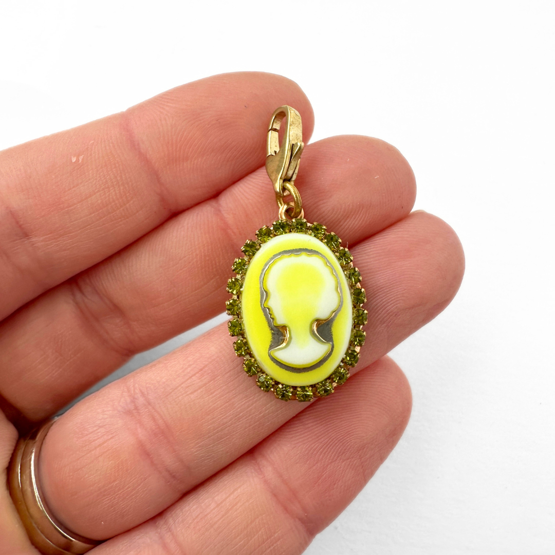 Refashioned vintage yellow glass oval cameo charm, alternate view 2