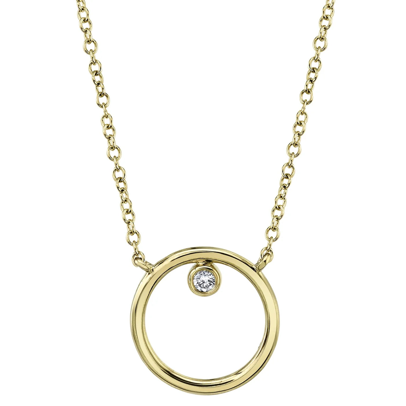 14K yellow gold natural diamond bezel open circle necklace