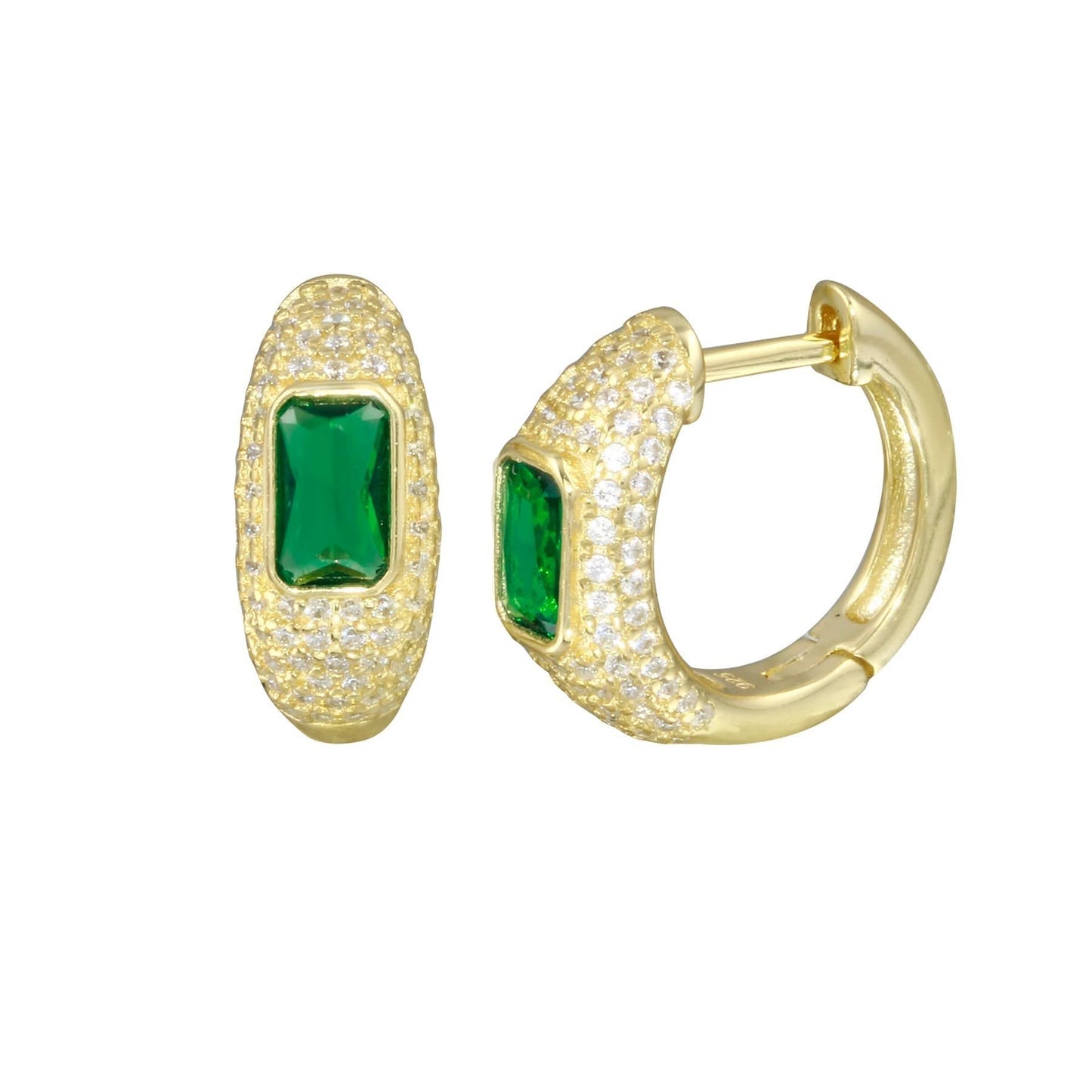 Thick Cz Pave Huggies With Green Emerald Cut Stone Center - Susan Blake Jewelry