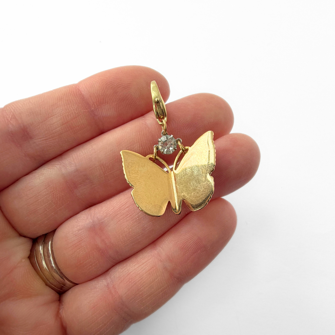 Vintage gold plated butterfly charm with crystal accent, alternate view 2