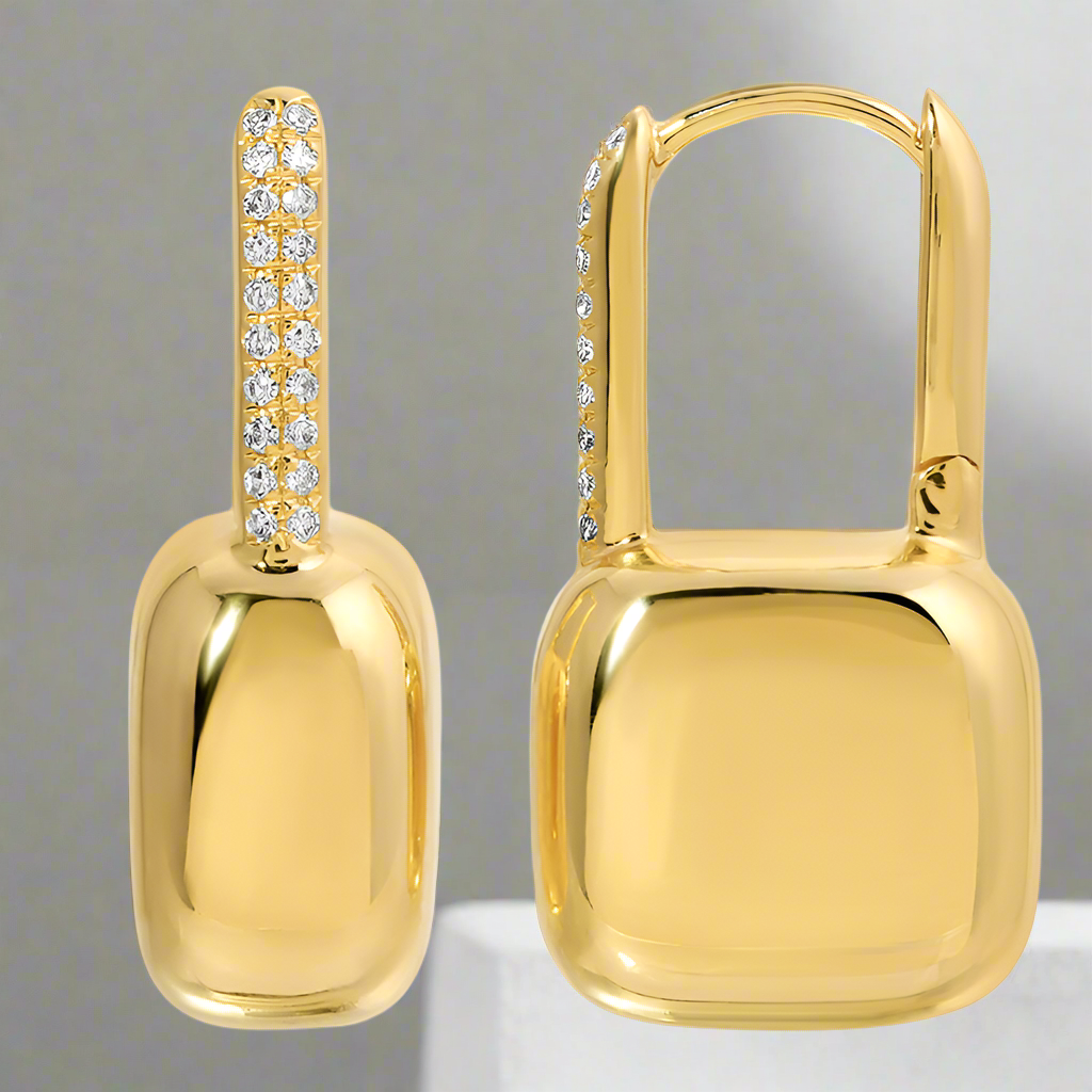 14K gold puffed cushion drop huggie earrings with diamond detail by Susan Blake Jewelry