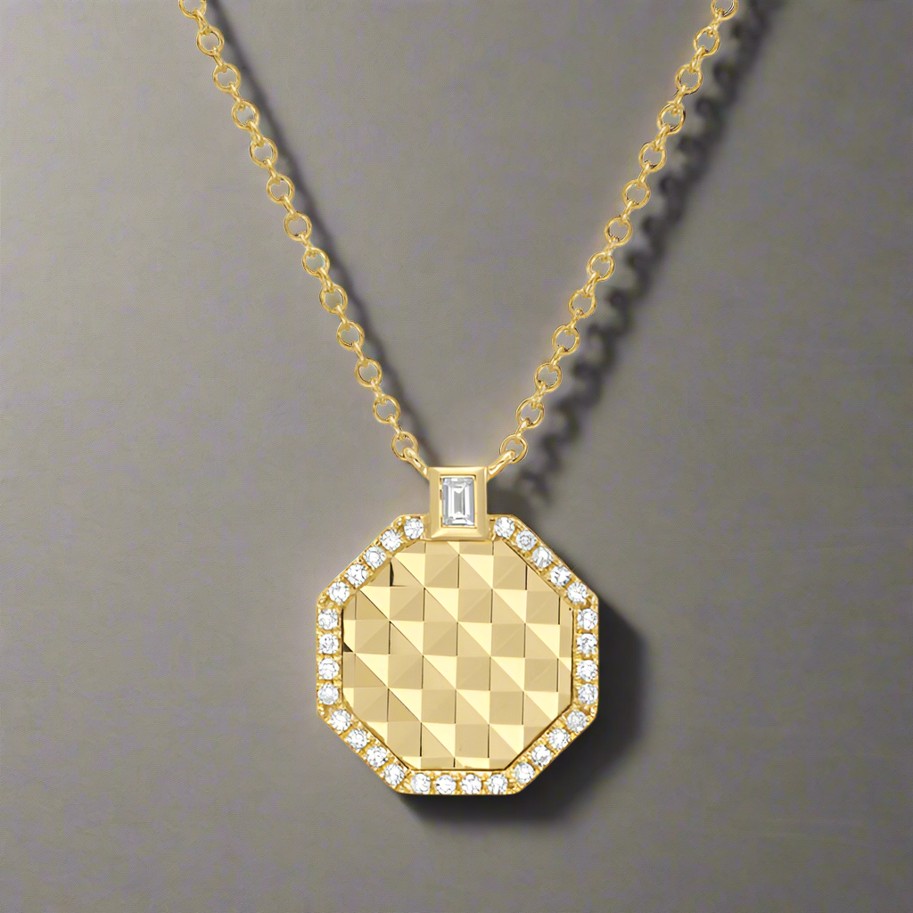 14k Yellow Gold Baguette & Diamond Quilted Medallion Necklace