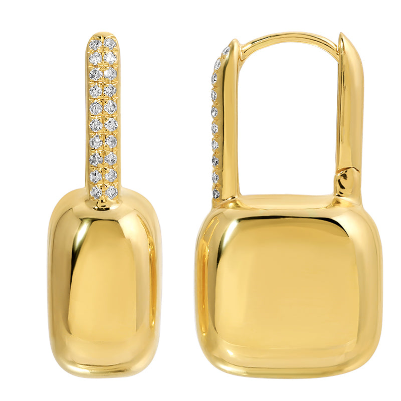14K gold puffed cushion drop huggie earrings with diamond detail by Susan Blake Jewelry