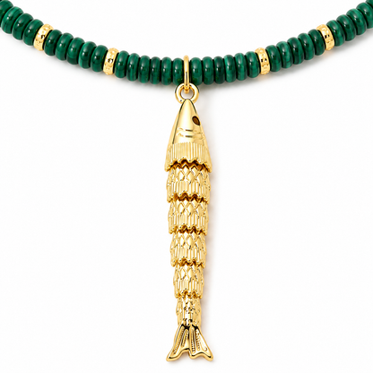 Gemstone Rondelle Necklace with Moving Sardine Charm