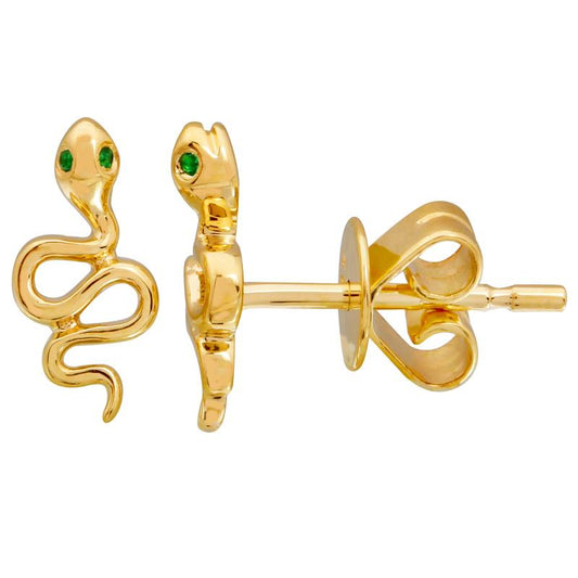 14K Yellow Gold Snake Stud Earrings / Green Eye