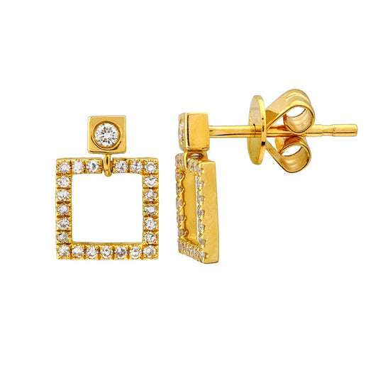 14k Yellow Gold Diamond Open Square Dangling Stud Earrings