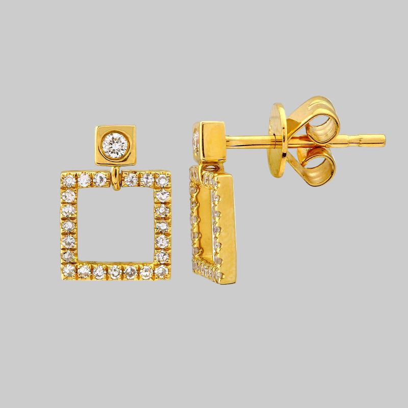 14k Yellow Gold Diamond Open Square Dangling Stud Earrings