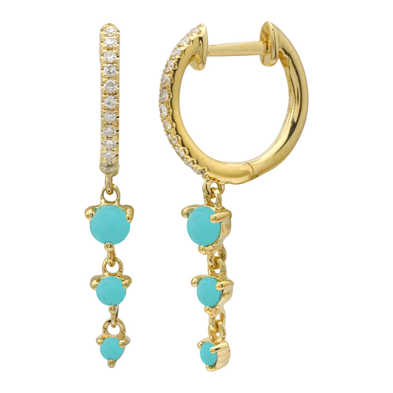 14k Yellow Gold Turquoise Dangling Diamond Huggie Earrings