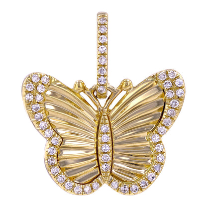 14k Yellow Gold Hand Made Lines / Fluted Butterfly Diamond Necklace Charm