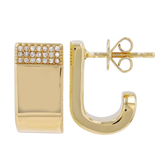 Glossy Rectangle Stud Earrings in 14K Gold with Diamond Pavé Cap