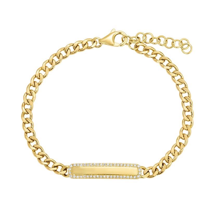 14K Cuban Link ID Bracelet With Diamond Border