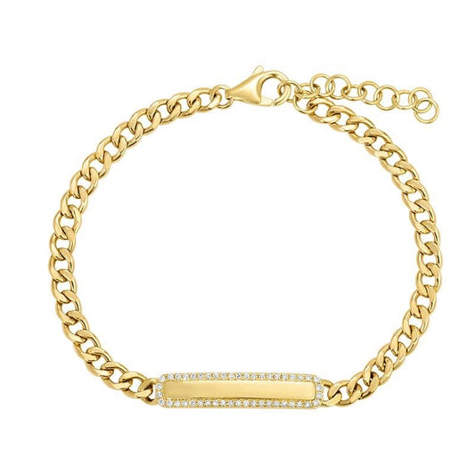 14K Cuban Link ID Bracelet With Diamond Border