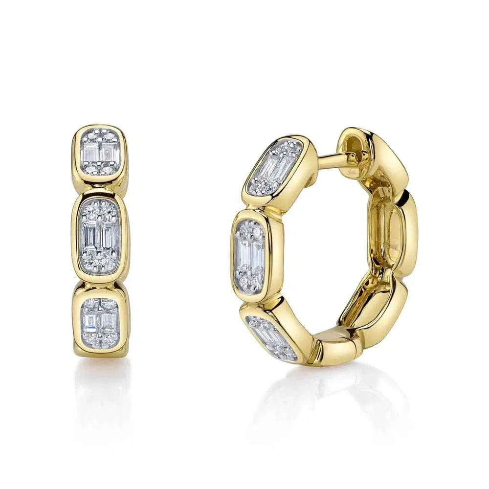 14K Diamond Baguette Octagon Huggie Earrings - Susan Blake Jewelry