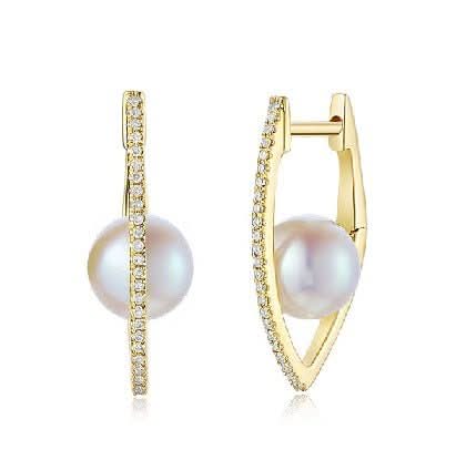 14K Diamond Elongated V-Shaped Hoop Earrings With Pearl