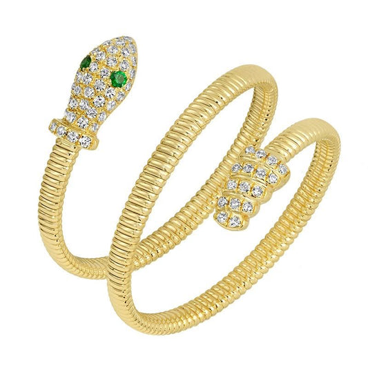 14K Diamond Fluted Snake With Emerald Eyes Ring