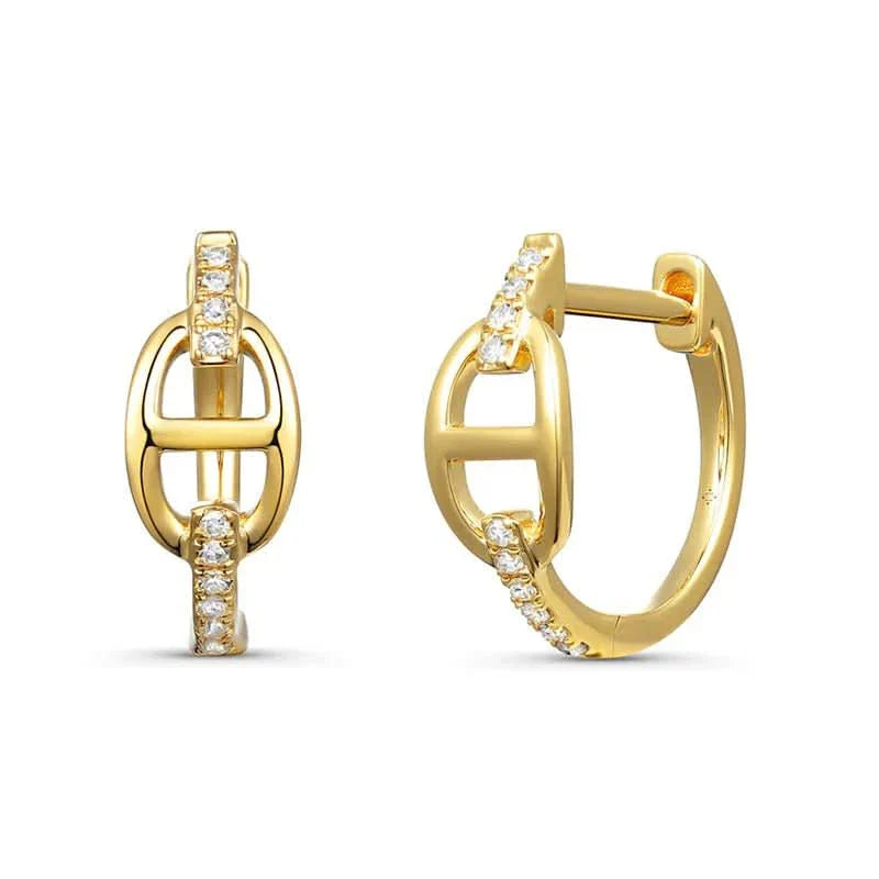 14K Diamond Huggies With Gold Horsebit Link Center Earrings - Susan Blake Jewelry