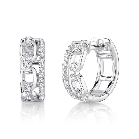 14K Diamond Link Huggies With Single Diamond Row Edge Earrings