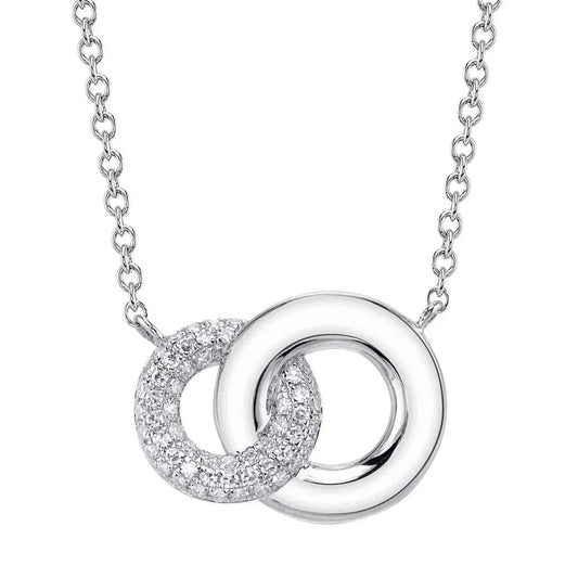 14K Diamond Pave Circle With Interlocking Plain Gold Circle Necklace