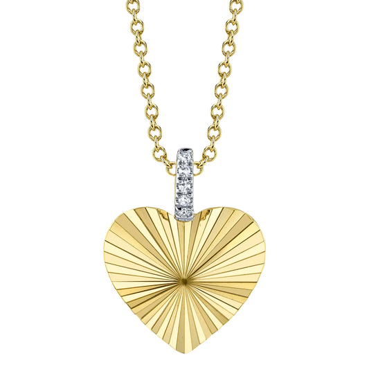 14K Yellow Gold Diamond Ribbed Heart Necklace