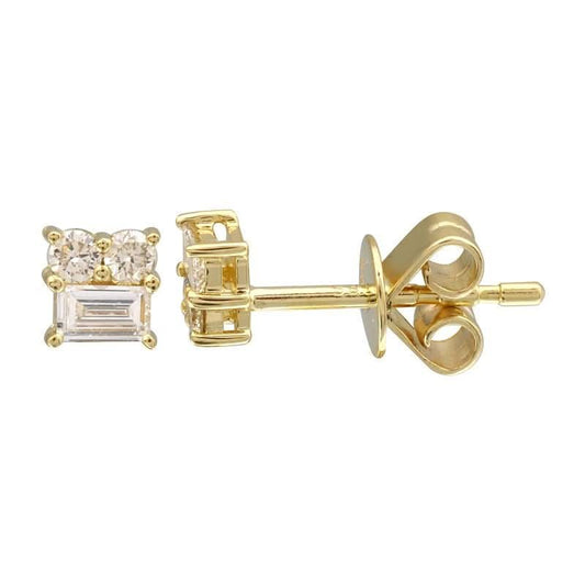 14K Double Diamonds On Top of Baguette Diamond Stud Earrings